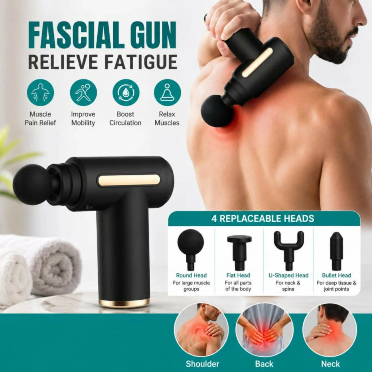 Professional Handheld Deep Tissue Massage Gun with 4 Interchangeable Heads